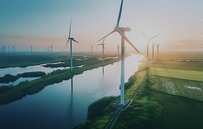 Wind turbines in a green landscape